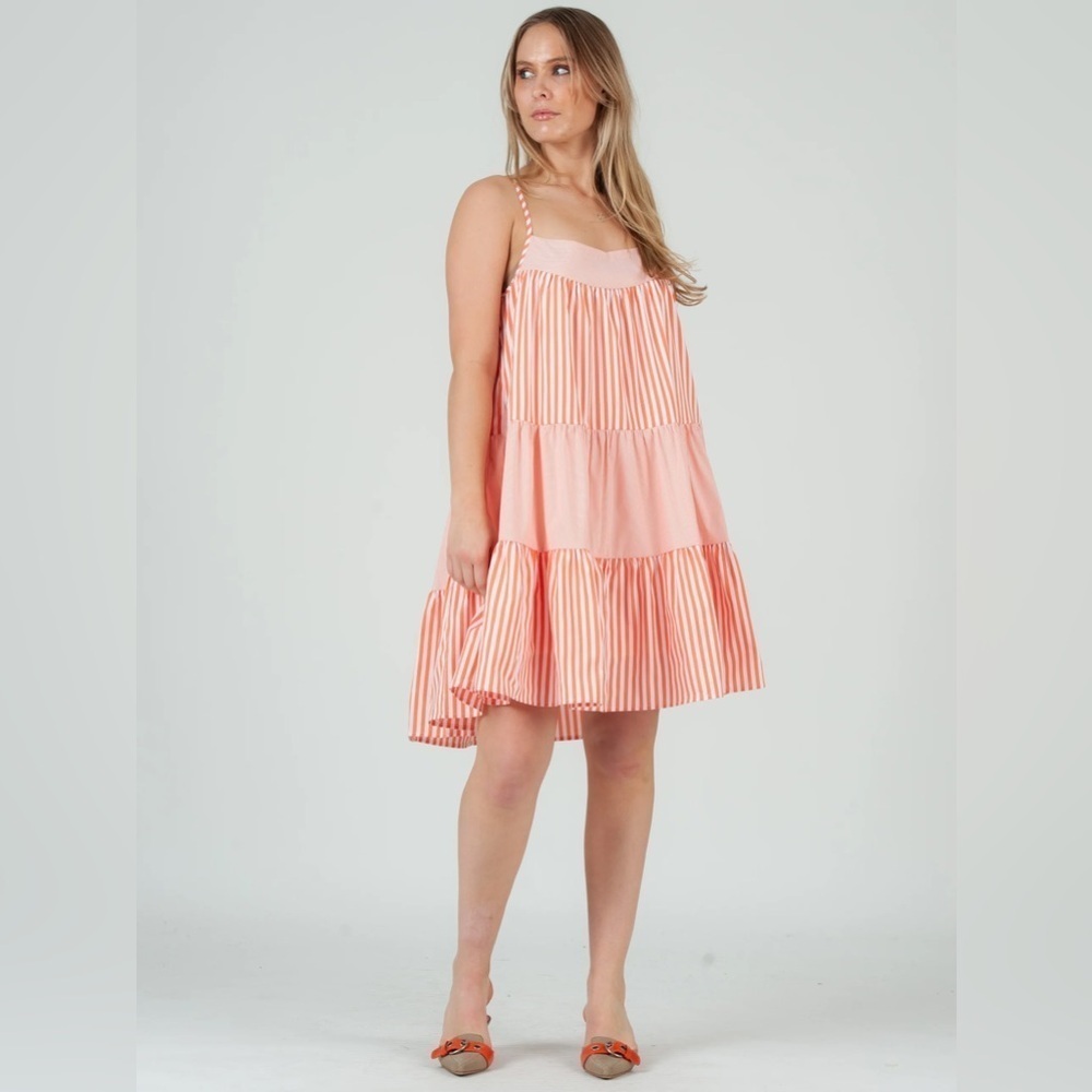 LUCCA Mylah Mixed Striped Orange Tiered Cami Dress Womens Size Small